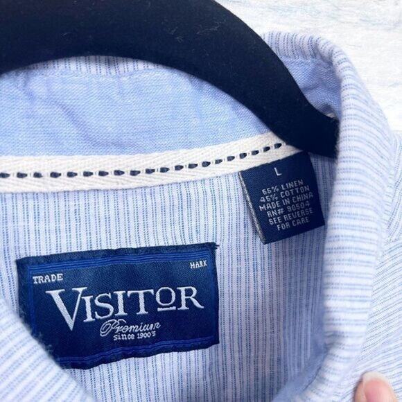 VISITOR Linen Long Sleeve Shirt Light Blue Striped Long Sleeve Mens Large - Picture 4 of 4